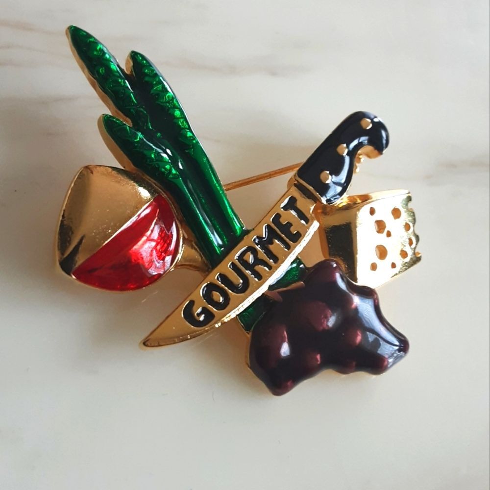 The Ultimate 3-D Gourmet Foodie Brooch Gold Tone and Enamel - Vtg - NIB